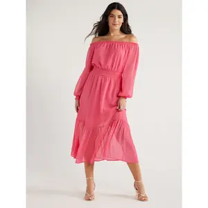 Sofia Jeans Women's and Women's Plus Off the Shoulder Dress with Blouson Sleeves, Sizes XS-5X MAGENTA Casual Chiffon