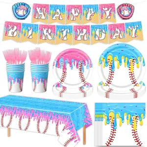 New Ice Cream Baseball Theme Birthday Party Supplies Paper Plates Cups Napkins Banner Tablecloth, Perfect for Kids Parties