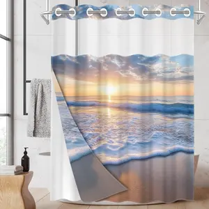 1PC/4PCS 2D Flat Printing Golden Beach with Waves and Sunrise Patterned shower curtain, home bathroom decor, shower curtain set with 12 hooks, non-slip bathroom rug, U-shaped toilet seat cover, toilet seat mat.