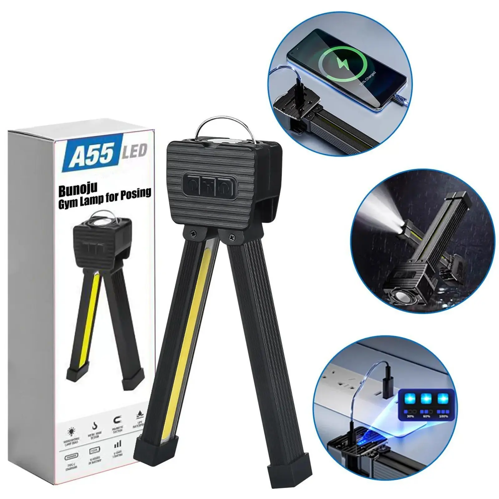 Magnetic Gym Posing LED Light - 180° Foldable Portable Working Light with Hook, USB Rechargeable Spotlight, 7-Mode Multifunctional Water Resistant LED Flashlight with Magnetic Power Bank for Fitness Photography, Camping
