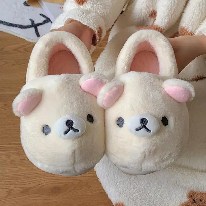 Cute Rilakkuma Unisex Cotton Closed-Toe House Slippers - Warm Insulation, Anti-Slip, Flat Sole, Casual Winter Indoor Footwear for Men, Women