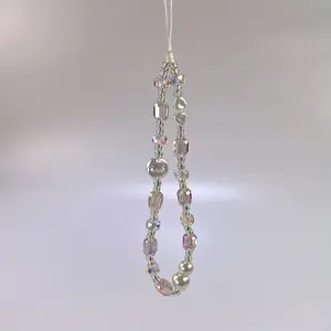 Pink Crystal Bead Phone Chain - Anti-Lost Wrist Strap for Phones, Camera Accessories, and Smartphones, Stylish and Functional Design, Phone Strap, Camera Phone Holder, Elegant Accessory, Durable Clasp, Phone Charms
