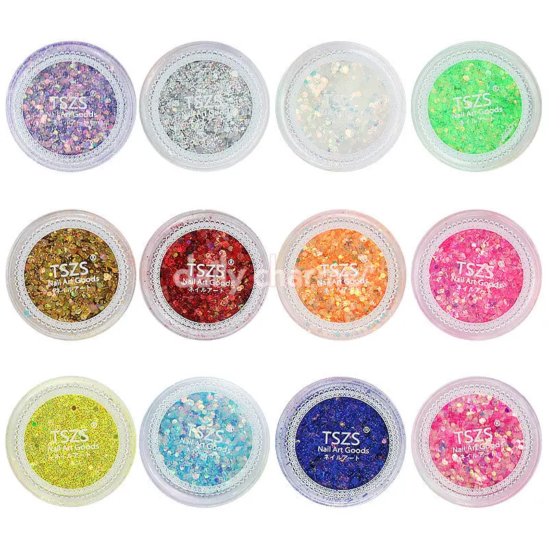 Colorful Mixed Hex Glitter Powder Set / 12 Jars