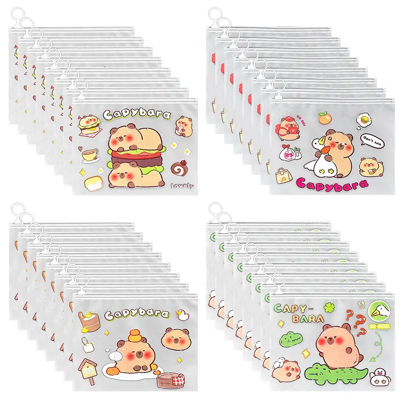 32PCS Cartoon Plastic Envelopes, A5 Size Reusable File Folders with Pull Tab, Cute Capibara Translucent Waterproof Poly Zip Envelope for School and Office Supplies, 8.3 x 6.7 Inches (4 Styles)