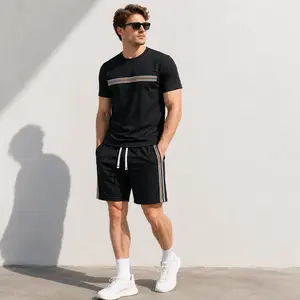 Menswear Men's 2-Piece Shorts & Top Clothing Set, Casual Stripe Detail Matching Outfit with Drawstring Waist, Black & White Streetwear Coordinated Set for Daily Wear and Summer Style