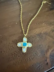 pearl and turquoise chunky cross pendant