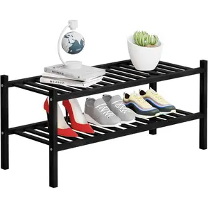 2 Tier  Shoe Rack Storage Organizer for Closet, Multifunctional Stackable Free Standing Shoe Shelf Organizer for Small Space,Entryway,Hallway,Bathroom 27"x11"x13" (Black, 2 Tier)