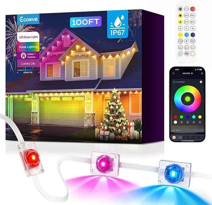 Permanent Outdoor Eave LED Lights - Smart App & Remote Control, 16M Colors, Music Sync, IP67 Waterproof Roofline Lights for House, Holiday Decoration