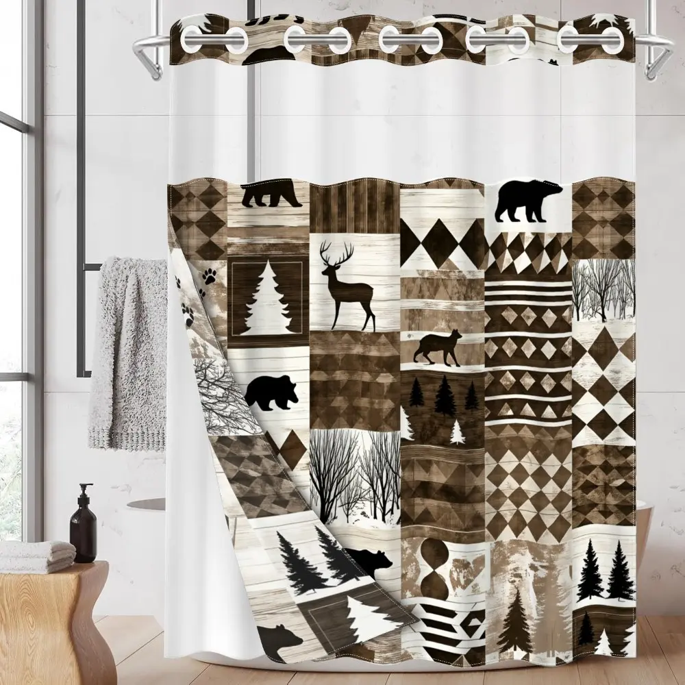 1pc hookless shower curtain with buckle lining, Abstract, Aesthetic Printed shower curtain, brown and white geometric design, 2D printing, fabric waterproof lining, see-through double-layer, 71 x 74 inches, modern bathroom curtain