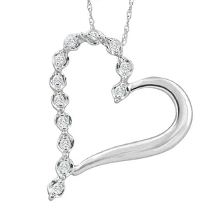 10K White Gold 1" Tall Diamond Heart Pendant Women's Necklace