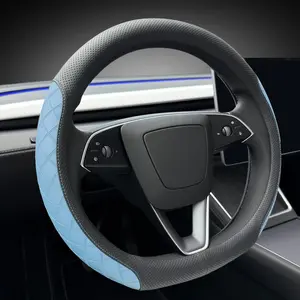 Leather Steering Wheel Cover. Elegant Diamond Checkered Design, Non-Slip and Breathable, for Tesla Model 3/Y Steering Wheel Protector,Black Blue