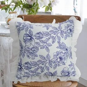 100% Cotton Ruffle Pillow Shams,White and Blue Floral Ruffle Decorative Euro Pillow Covers 18x18 inches, Square Cushion Cases with Ruffle Shabby Chic Rustic Pretty Vintage Bed Euro Pillow Cases