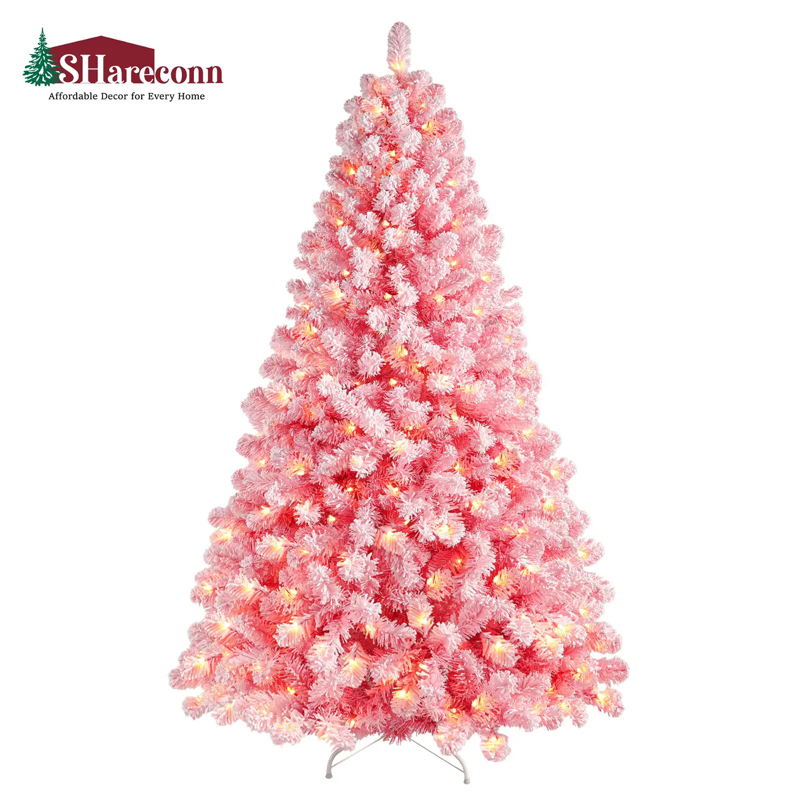 SHareconn 6.5/7.5FT Pink Artificial Christmas Tree with Warm White Lights Foldable Metal Stand Lifelike Snow Branch Tips for Home Office Party Decorations