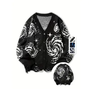 Men's Fashion Knit Cardigan Sweater - Casual V-Neck, Starry Galaxy Pattern, Long Sleeves with Tassel, Machine Washable, Polyester - Ideal Fall/Winter, Cute Sweaters