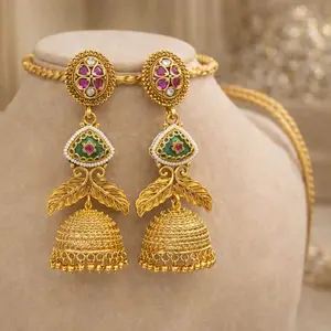 Elegant Antique Gold Jhumka Earrings with Green and Pink Stones Leaf Design for Festive Wear Traditional Indian Jewelry