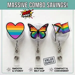 [Best Value Bundle] PRIDE VIBES Badge Reel Combo - Rainbow Heart, Butterfly & Flag ID Holder For Pride Month - Smooth Retractable Name Tag Clip