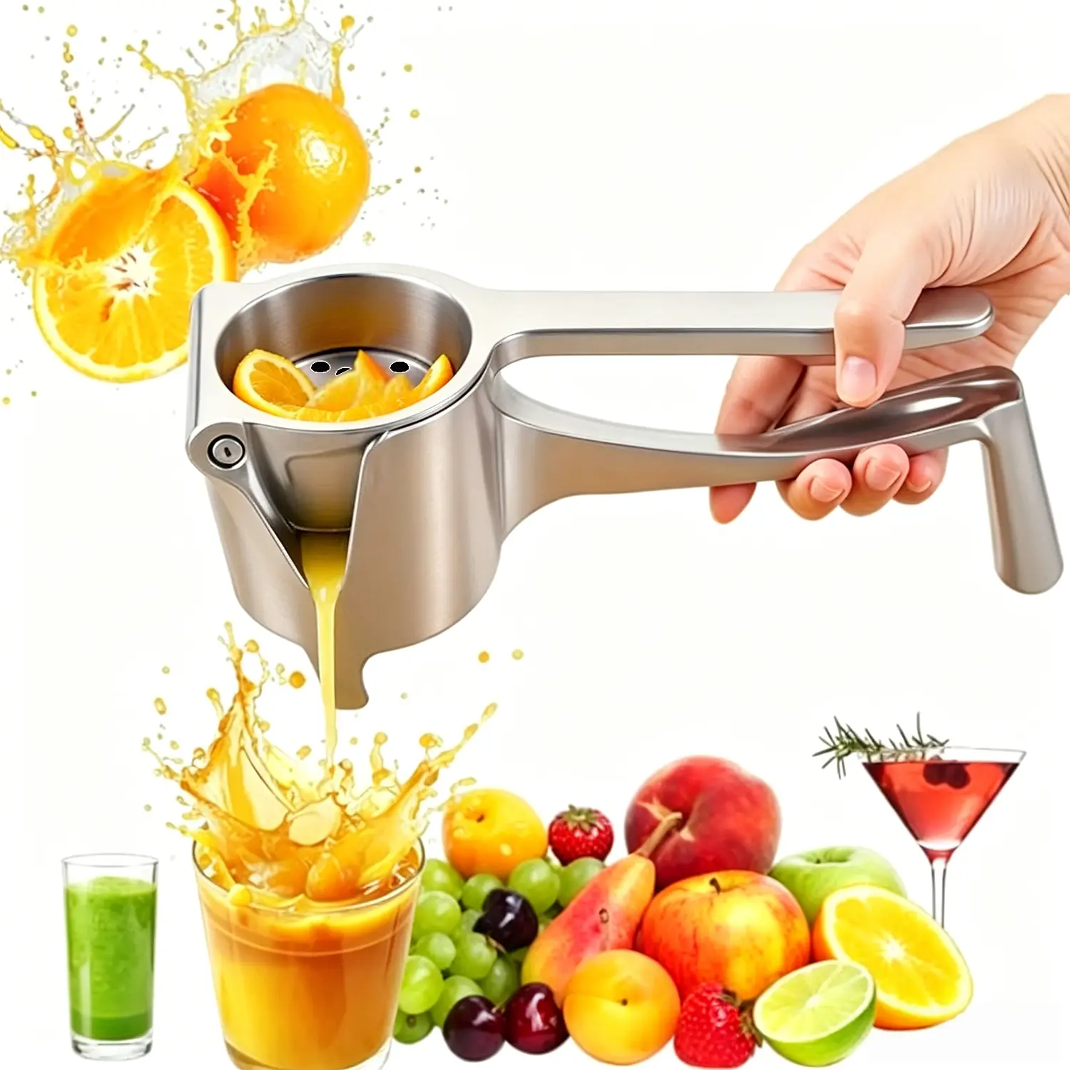Manual Hand Juicer Squeezer - Food-Grade Sturdy Durable Rustproof Aluminium Fruit Tool, Compact, Smooth Juicing, Portable Multifunctional, Quiet Operation, Easy Cleaning, Detachable Head Press with Handle, Kitchen Gadget Utensil