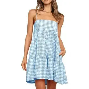 Women’s Summer Plaid Mini Dress – Casual Spaghetti Strap Sleeveless A-Line Beach Sun Skirt with Pockets GARMENTARY