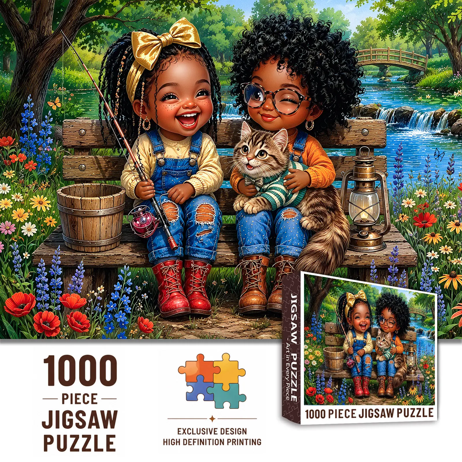 【Back to School】Walarky Fishing Friends 1000 Pieces Jigsaw Puzzle for Adults, Cute Kids Cat Lake Puzzle, Relaxing Brain Challenge Family Game, Gift for Nature Lovers Seniors, Wall Decor 27.5x20inch(70x50cm)