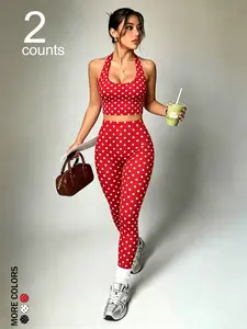 Women's Summer Yoga Set, 2-Piece Casual Athleisure Wear Sports Tank Top & Slim Long Pants, Polka Dot Pattern, Ideal for Outdoor Activities, Yoga Outfit