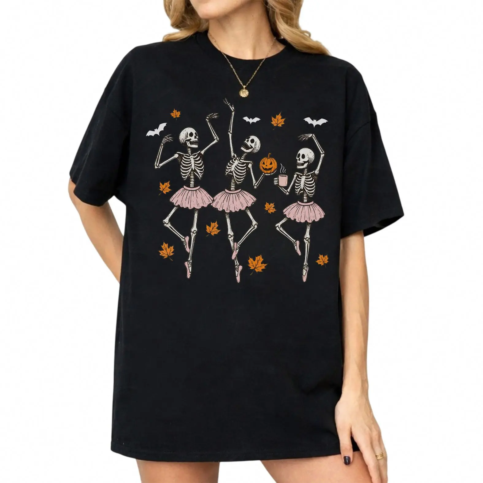 Comfort Colors Halloween Skeleton Ballerina Shirt, Dancing Skeletons in Pink Tutus Graphic Tee, Spooky Ballet Lover Gift