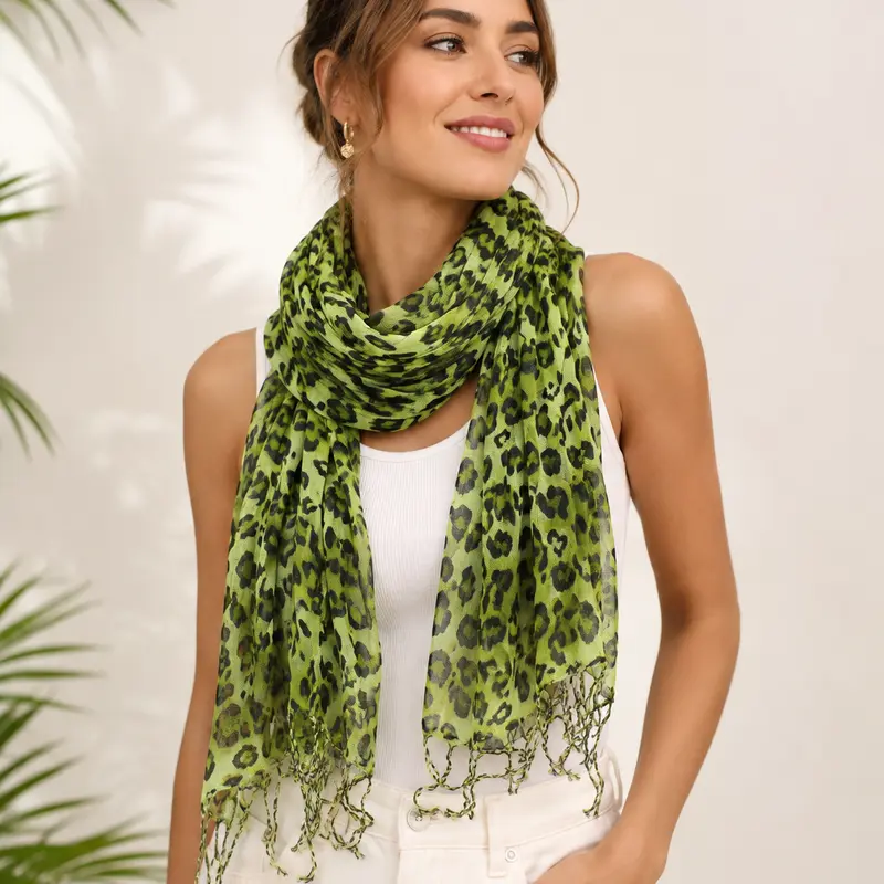 Lightweight Leopard Print Fashion Scarf - Versatile Everyday & Travel Accessory with Fringe Ends Stylish Touch Generous Length Casual Outfit