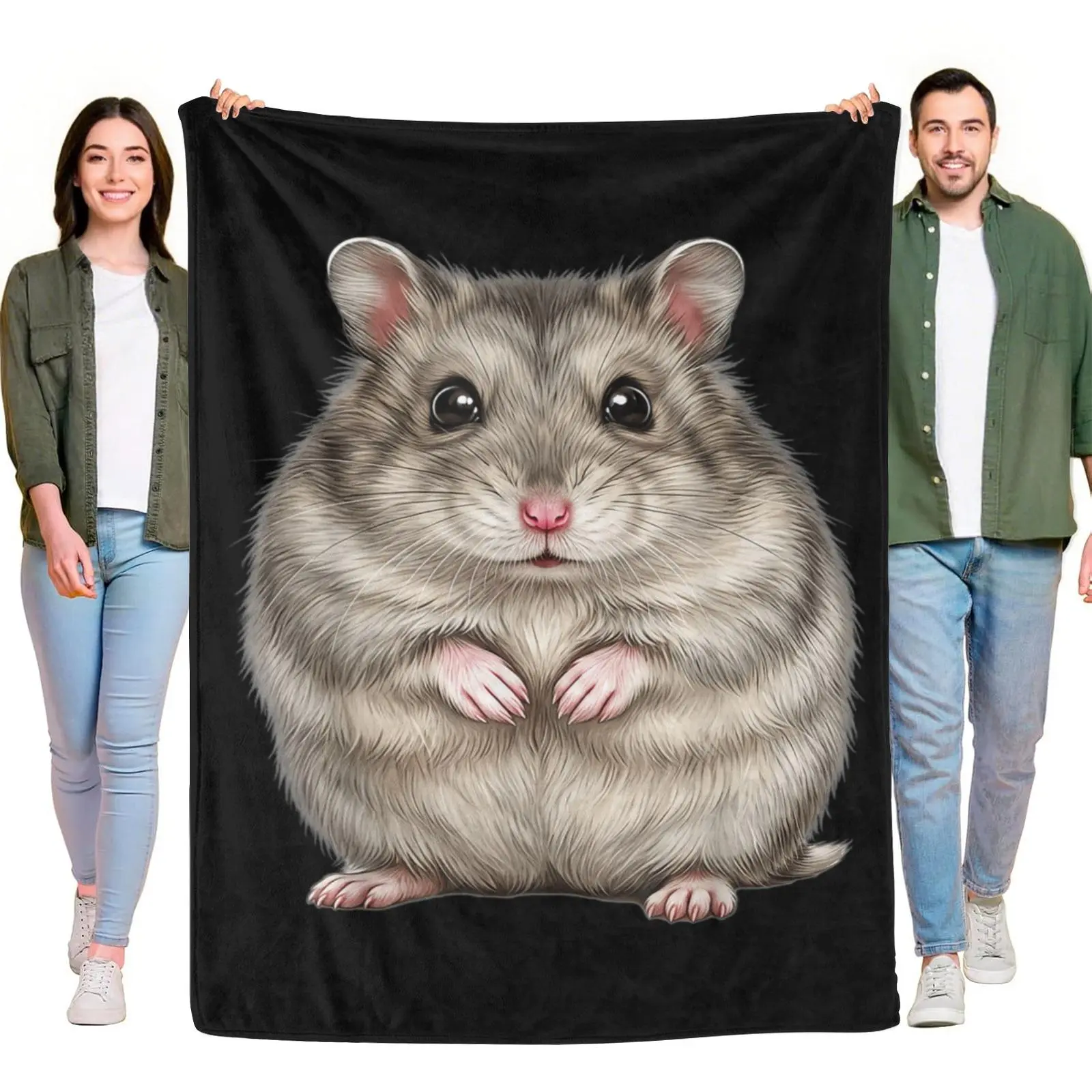 Realistic Fluffy Grey Hamster Cute Portrait Throw Blanket, Adorable Small Pet Rodent Cozy Warm Fleece Blanket for Hamster Lovers Kids Bedroom Gift