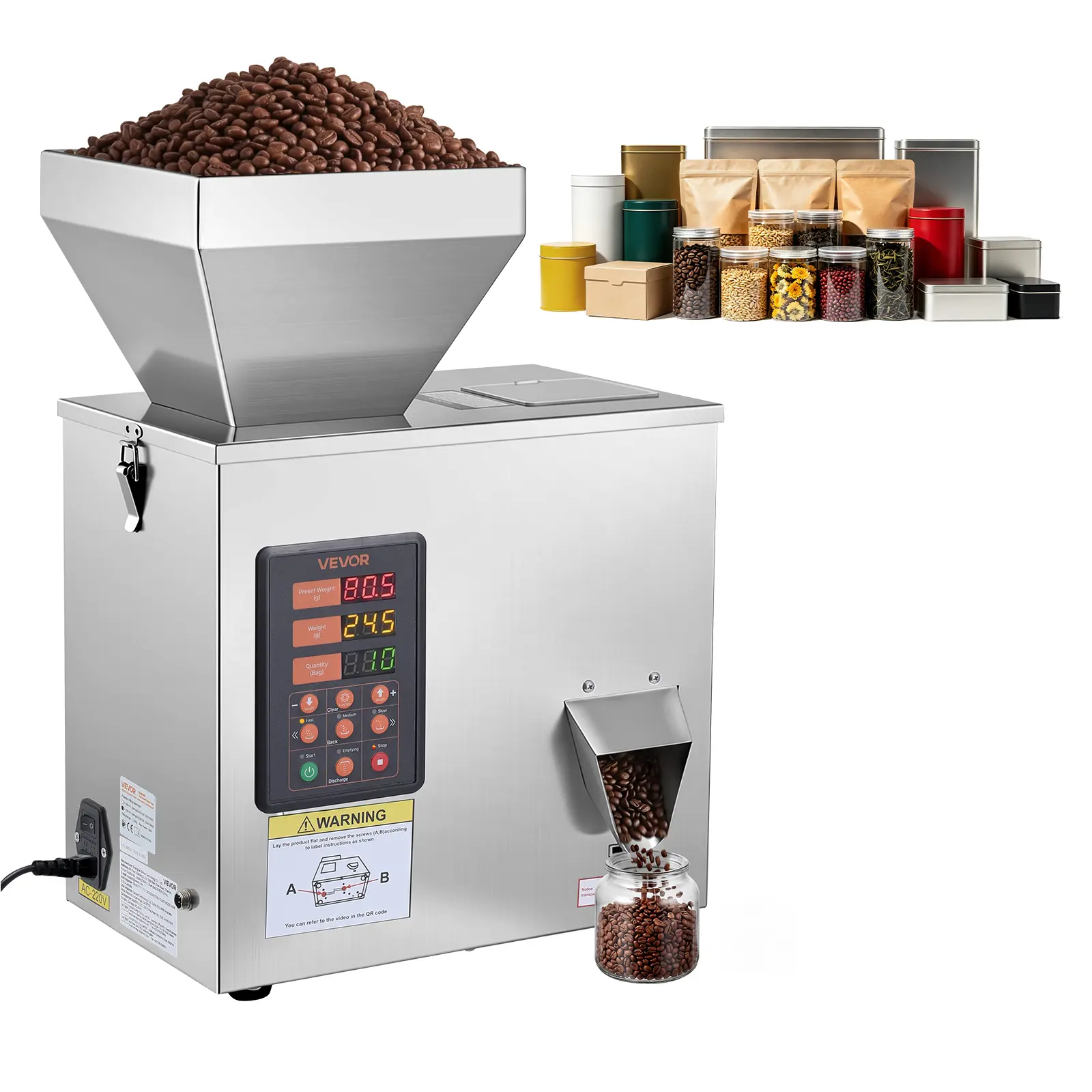 VEVOR Automatic Powder Filling Machine, 1-99.9g (0.002-0.22lbs) High Accuracy Intelligent Weighing Dispenser, Stainless Steel with Adjustable Baffle, Hopper & Infrared Sensor, Easy Filling for Coffee Beans, Grains, Tea