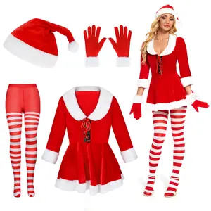 XZQTIVE Women's Christmas Dress Ms. Santa Suit Cosplay Mrs Claus Costume Outfit Hat Dress Gloves Stockings Christmas Gift Cosplay Clothing