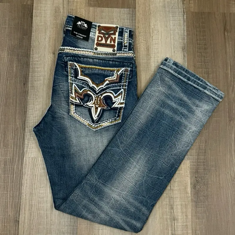 DeNiko Slim Straight Jeans – Western Embroidery