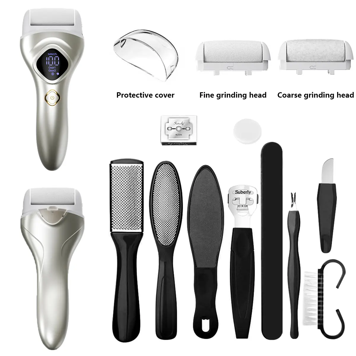 Electric Callus Remover for Feet,Rechargeable Foot File Hard Skin Remover,Waterproof 12 in1 Professional Pedicure Kit for Cracked Heels &Dead Skin,with 2 Roller Heads 2 Speed, Battery Display