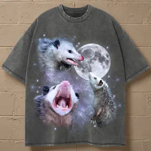 Three Opossum Retro Graphic T-shirts, Vintage Opossum Moon Tshirt, Possum Lovers, Funny Opossum Tee, Oversized Washed Tee, Silly Gift Cotton Menswear Top Green Grey Polyester