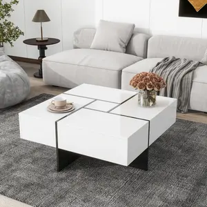 Square Coffee Table with 4 Hidden Storage Compartments, Unique Design Cocktail Table with Extendable Sliding Tabletop, UV High-gloss Design Center Table for Living Room, 31.5"x 31.5"