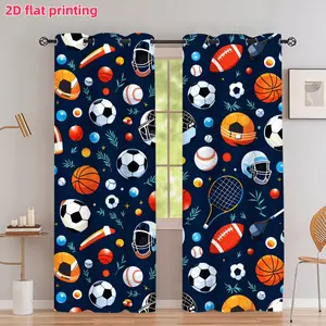 2D Flat 2Pcs Sports Theme Pattern Printed Curtain Panel, Soccer Basketball Football Baseball Graphic, Grommet Top Design, Semi Sunshade, Suitable for Home Living Room Bedroom Balcony Kitchen Study and Shower Window Decoration, Accessory,