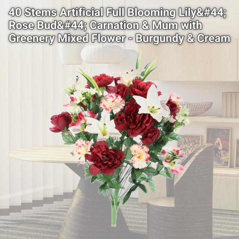 40 Stems Artificial Full Blooming Lily, Rose Bud, Carnation & Mum with Greenery Mixed Flower - Burgundy & Cream