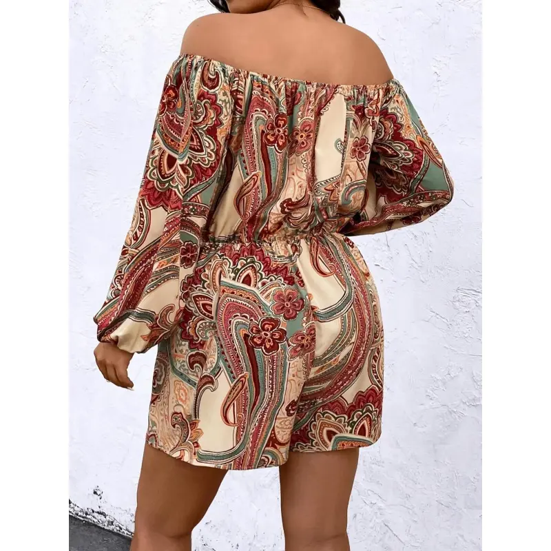 [plus Size]women's Ethnic Pattern Off Shoulder Drawstring Romper, Boho Casual Bishop Sleeve Casual Fit Jumpsuit for Summer, Beach Jumpsuit, Women's Bohemian Clothes for Daily Wear, Womenswear, Lady Floral Print Overalls, Bohemian Dungarees