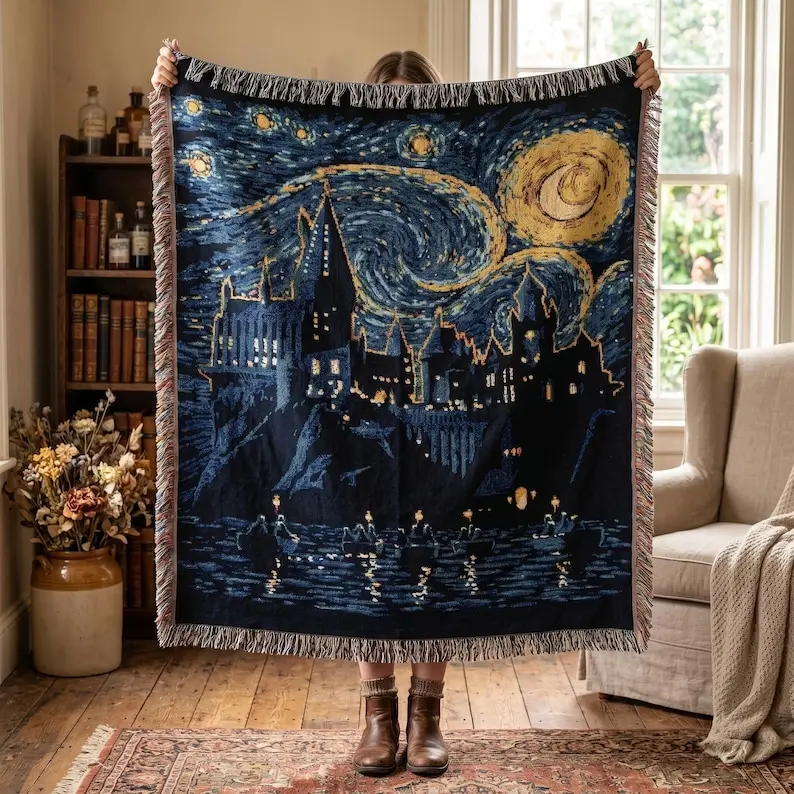 Wizard School Woven Blanket, Fantasy Movie Gift, Fantasy Book Decor, Starry Night Castle Tapestry, Magical Woven Art for Dorm Room Decor