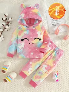 【 Set 】 Girls' Set, Girls' Winter Night Light Unicorn Plush Hooded Long Sleeve Top+Fashionable Versatile Pants Set, Girls' Clothing, Dopamine Fashion Set, Outing Dress Up, Baby Girl Birthday Gift, Girls' Set Promotion, Easter Gift