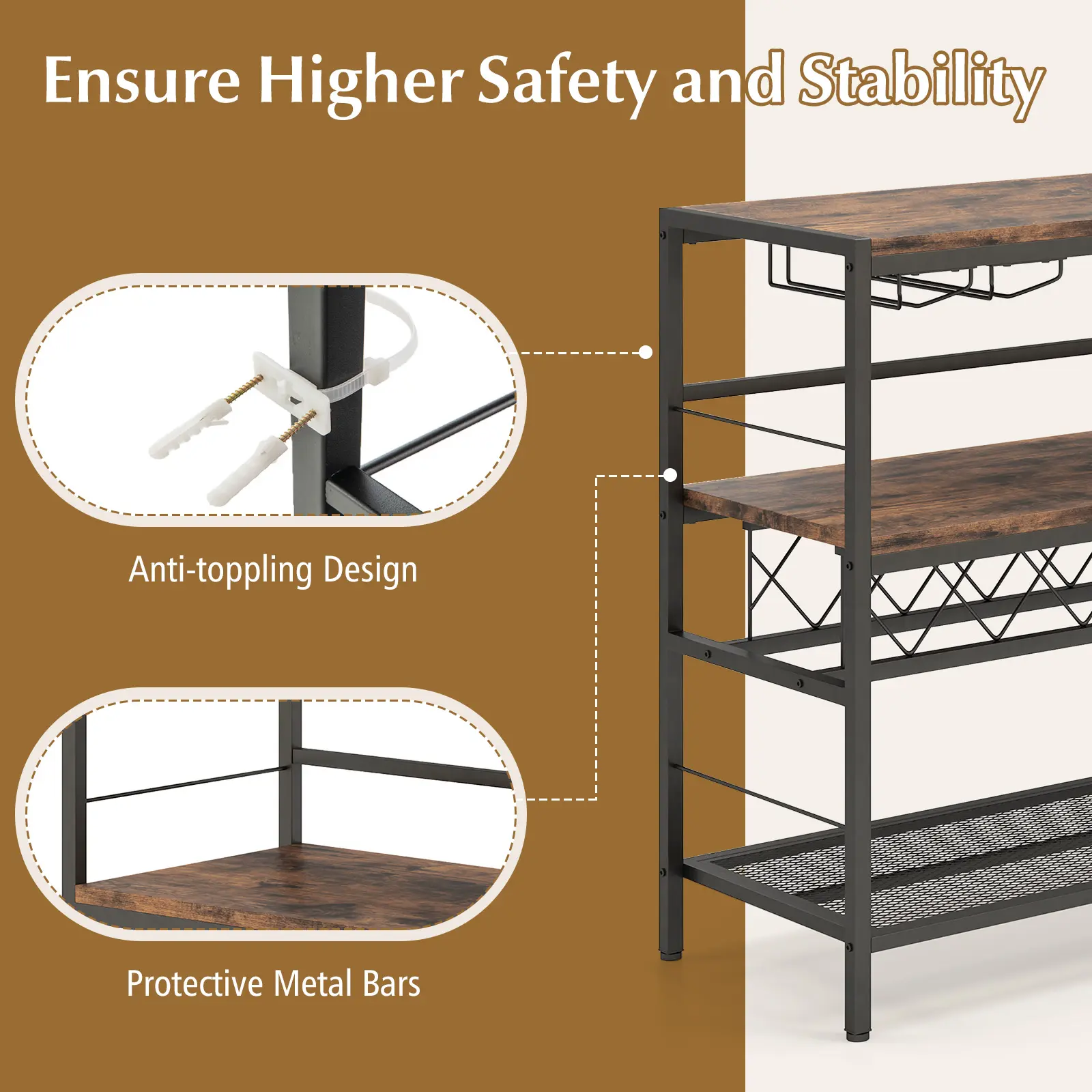 COSTWAY - 41 Inch 4-Tier Bar Table with Wine Rack and 4 Rows of Glass Holders-Rustic Brown
