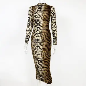 Leopard Print Long Sleeve Sexy Slim Dress
