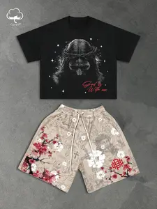 Unisex Vintage Street Style Gothic Jesus Printed T-Shirt and Shorts Set, Summer Cotton Short Sleeve for Hip Hop and Campus Wear