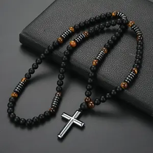 Men'S Necklace Featuring an 8Mm Matte Black Natural Stone Yellow Tiger Eye Cross Pendant.