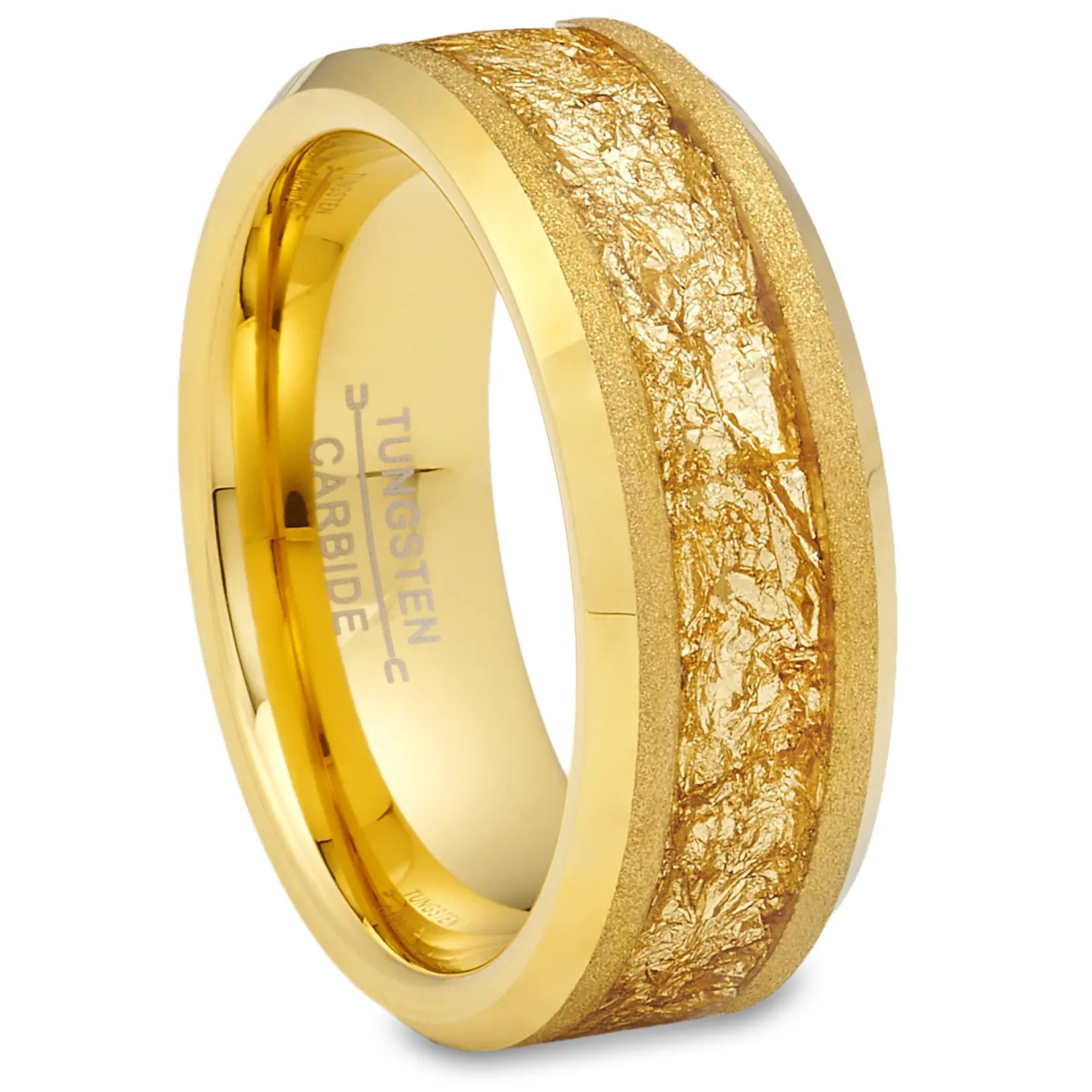 Mens Wedding Bands, 8MM Gold Plated Tungsten Carbide Ring with Gold Nugget Inlay, Modern Comfort-Fit with High-Polish Beveled Edges