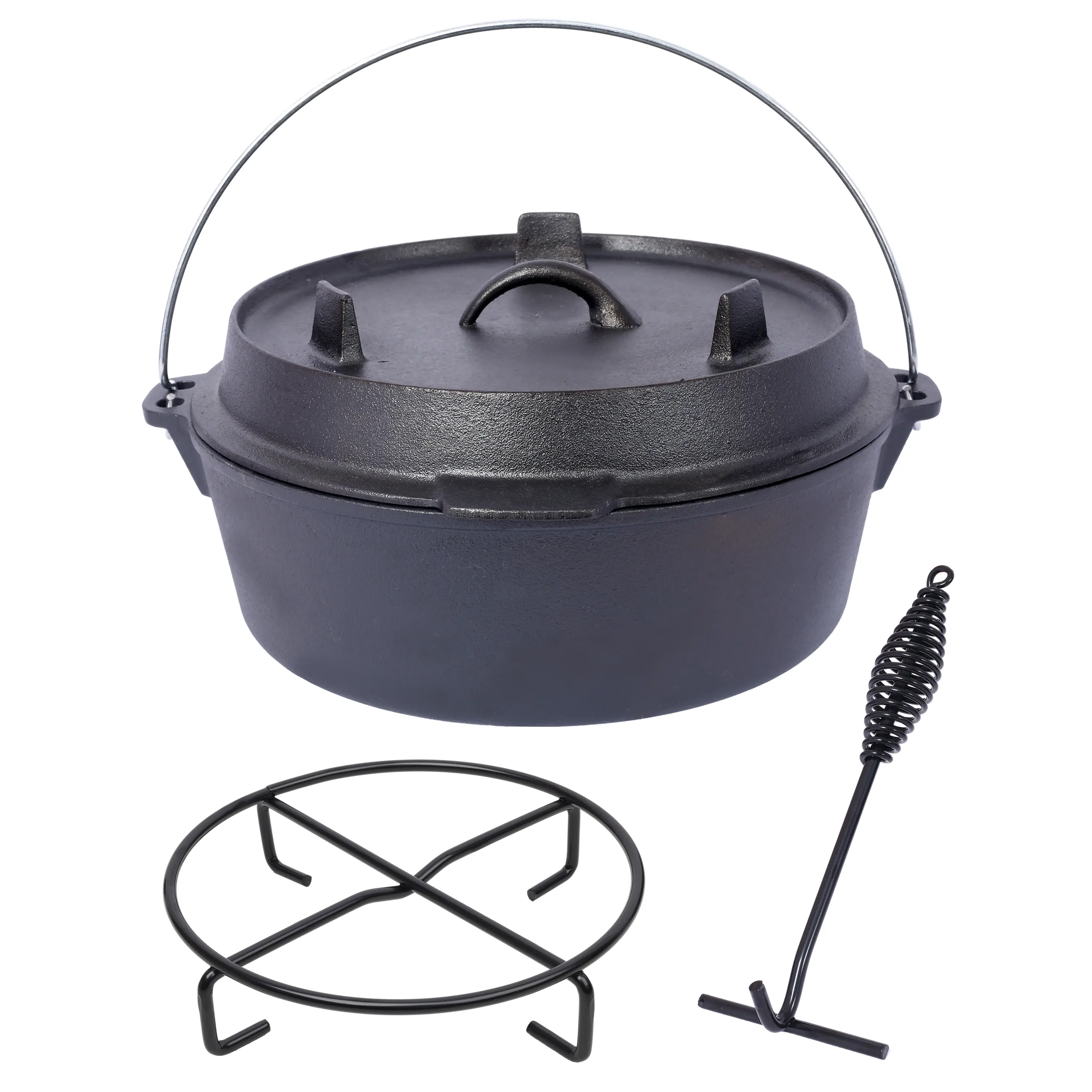 Pre-Seasoned Cast Iron Dutch Oven With Skillet Lid, 8 Quart Outdoor Camping Deep Pot for Camping Fireplace Cooking BBQ Baking Campfire, With Iron Pot Rack Camp Stove