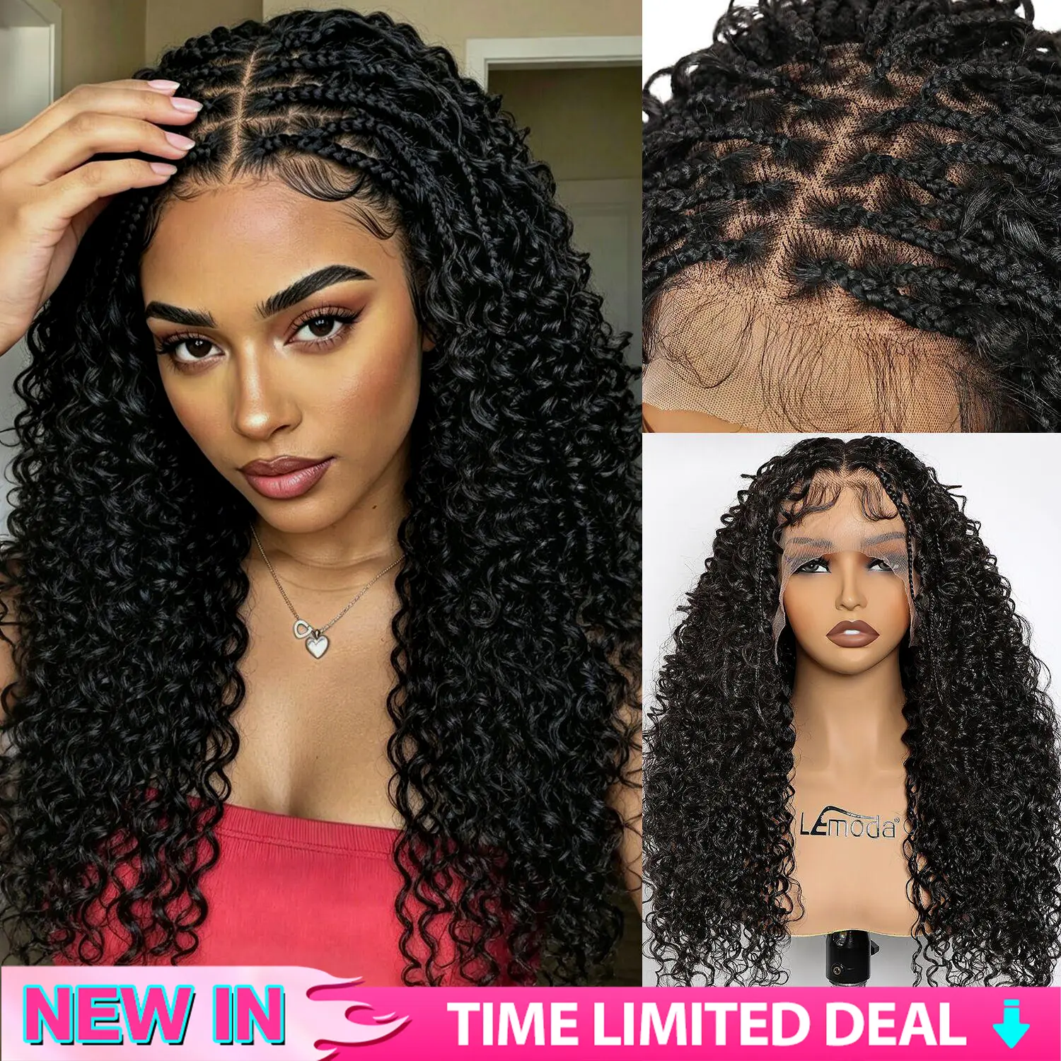 【New In】Lemoda Pre Braided Water Wave 220% Density 13x6 Lace Frontal Human Hair Boho Box Braids Wigs Baby Hair Braided Wigs for Black Women 【New In】Lemoda Pre Braided Water Wave 220% Density 13x6 Lace Frontal Human Hair Boho Box Braids Wigs Baby Hair Braided Wigs for Black Women