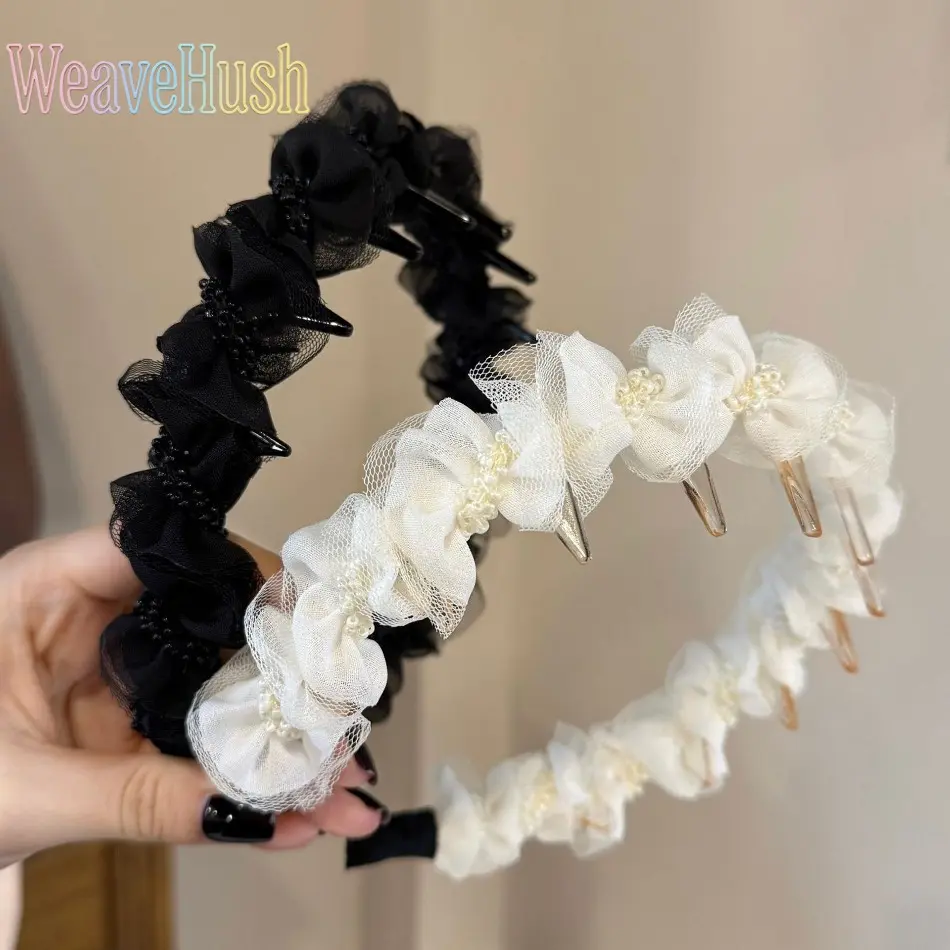 Women's 2-Piece Wide Anti-Slip Teeth Headbands, Wavy Texture with Pearl Embellishments, No-Pressure Comfortable Fit for Everyday Indoor Recreation & Sports