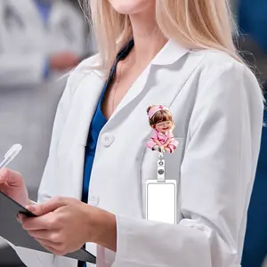 Cute Nurse Expandable ID Holder, 2D Flat Acrylic ID Case, Heart-Shaped ID Clip, Durable Portable, Creative Office Gift