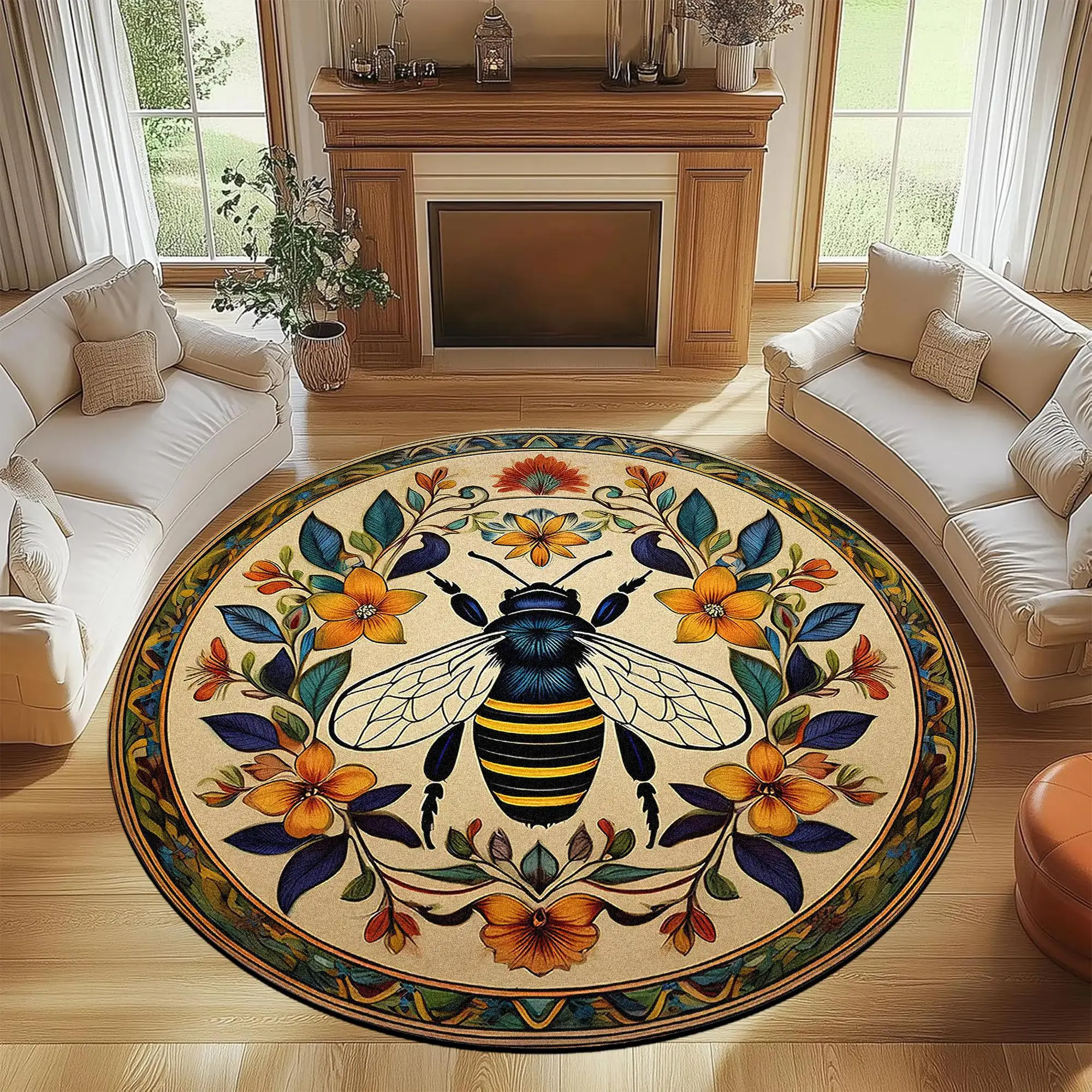 Round Bee & Flower Pattern Floor Mat, Non-slip Soft Floor Carpet, Decorative Area Rug, Home Decorative Rugs, House Decor Rug, Round Floral Rug for Home Living Room Bedroom, Vanity Decor Accessories