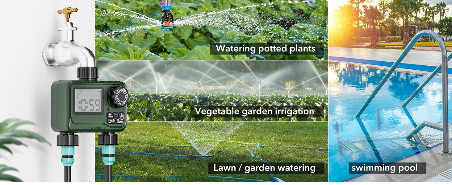 BN-LINK Sprinkler Timer Outdoor - 2 Zone Programmable Water Timer with Rain Delay, Automatic Irrigation System for Lawns & Garden Hoses - Waterproof Manual Controller with Large LCD Display