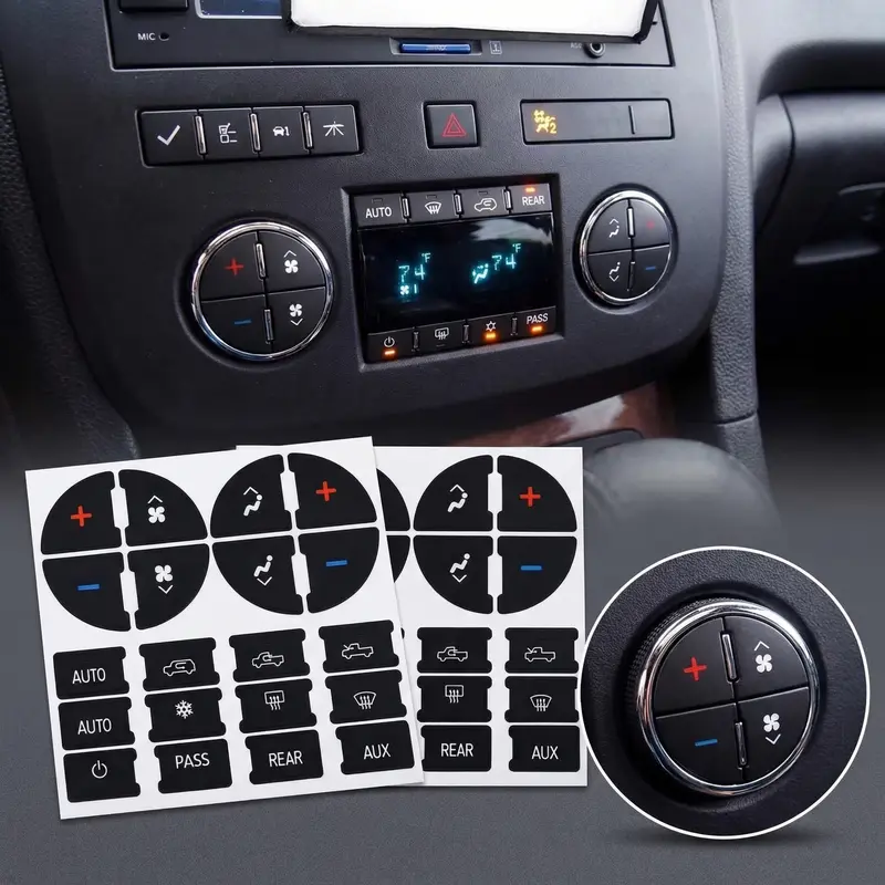 2-Pack UV-Resistant PVC AC Dash Repair Kit with Interior Vinyl Decal Sticker, Dashboard Fix for Faded Controls, Fan Button 0.72 in, Long Button 0.58×0.37, Spare Supply for 07-14 GM Chevy Vehicles, High-Quality Car Accessories